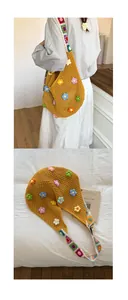 Detailed macro view of yellow crochet tote bag with colorful 3D floral accents