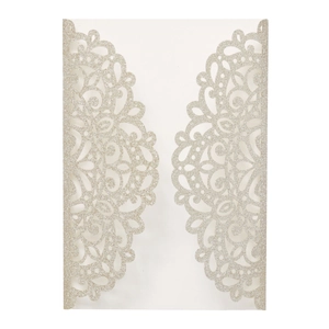Elegant champagne gold laser-cut glitter wedding invitations with intricate floral patterns