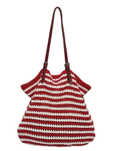 Striped crochet tote bag in red and white with adjustable leather shoulder straps