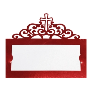 Detail of red laser-cut place card featuring a hollow cross and ornate European patterns