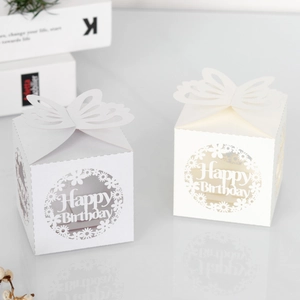 Detailed laser-cut Happy Birthday candy box with 3D butterfly lid and hollow floral design