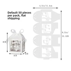 Flat-lay and assembled dimensions of musical note candy boxes with white ribbons