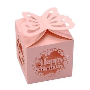 Detail of pink laser-cut Happy Birthday gift box with 3D butterfly lid and floral patterns