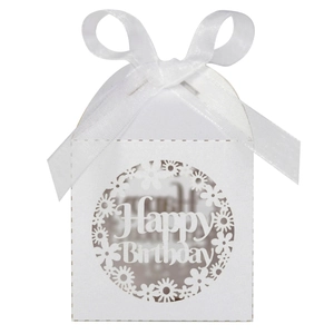 Detailed laser-cut white favor box with Happy Birthday text and elegant ribbon bow