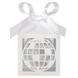 Detail of white laser-cut candy box with globe design and white silk ribbon bow