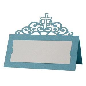 Blue laser cut cross place card with floral hollow base for wedding table seating