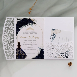 Detailed laser-cut hollow lace wedding invitation set with navy blue floral graphics