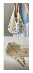 Close-up of beige crochet beach tote featuring colorful 3D knitted flower details