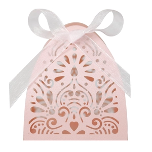Macro detail of laser-cut hollow pink gift box with intricate floral patterns and ribbon