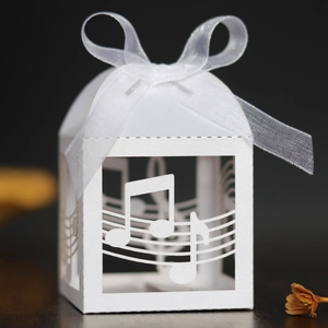Detailed laser-cut musical notes and staff on white party favor gift box with ribbon