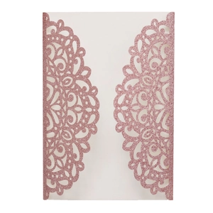 Laser cut rose gold glitter wedding invitation cover with intricate lace floral pattern