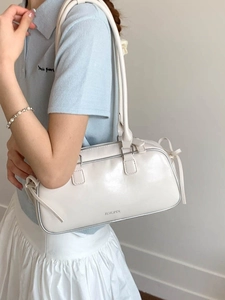 Bowknot Underarm Shoulder Bag For Women Shiny PU Leather Baguette Bag Contrast Piping Fashion Handbag Solid Color Elegant Purse