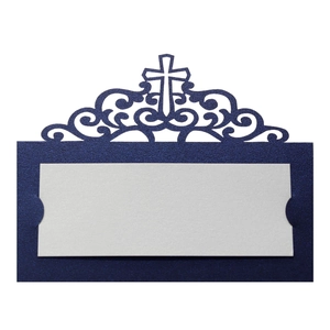 Detail of laser-cut hollow cross pattern on navy blue pearlescent wedding place cards