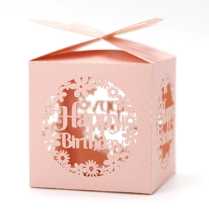 Detail of pink laser-cut Happy Birthday candy box with 3D butterfly closure and floral patterns