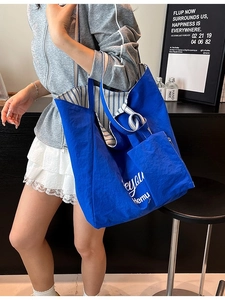 Blue plaid tote bag with matching pouch, reversible design for college students and commute