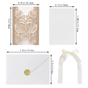 Detailed view of gold glitter rose invitation set with dimensions for envelopes and liners