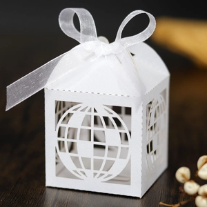 Close-up of white laser-cut gift box with globe pattern and elegant organza ribbon bow