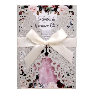 European Laser Cut Glitter Wedding Invitation Cards With Satin Ribbon Bow Elegant Hollow Invitation For Engagement Party