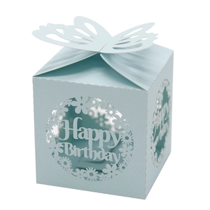 Macro detail of laser-cut Happy Birthday text and 3D butterfly on light blue gift box