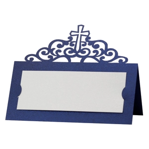 Laser cut navy blue hollow place card with cross pattern and blank white insert card
