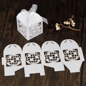 Macro shot of white laser-cut earth design gift box with organza ribbon on wood