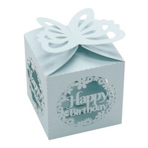 Detail of light blue laser-cut gift box featuring 3D butterfly lid and Happy Birthday design