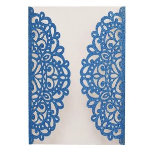 Elegant blue glitter laser cut floral wedding invitation cover with mandala lace design