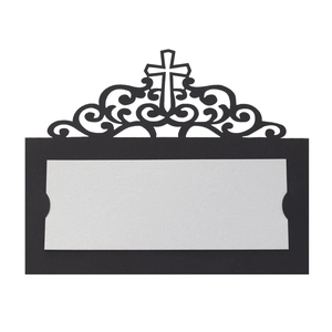 Laser-cut black table card with cross and scrollwork design with a silver insert card