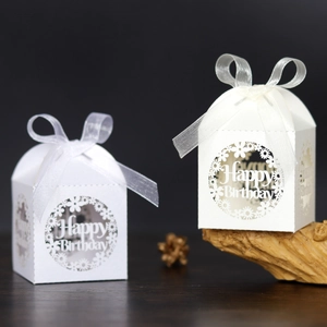 European laser cut pink daisy candy box with white ribbon and Happy Birthday engraving