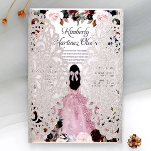 Detail of laser-cut silver glitter invitation with pink rose and girl illustration