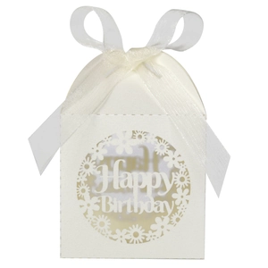 Detailed laser-cut Happy Birthday gift box in cream white with a matching organza ribbon