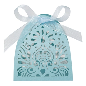 Detailed laser-cut hollow pattern on light blue gift box with white satin ribbon bow