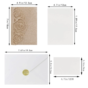 Detailed components showing pink rose laser cut glitter cover and invitation cards with dimensions