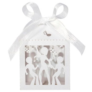 Laser cut white party favor box with disco dancers, music notes and satin bow