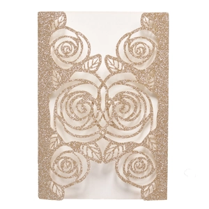 Detailed laser-cut rose patterns on champagne gold glitter wedding invitation card