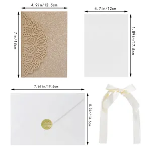 Detailed sizing chart for laser-cut glitter wedding invitations with envelope and bow