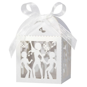 Detailed laser-cut white paper party favor box with disco ball motifs and satin ribbon