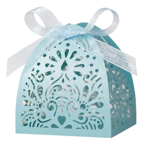 Laser cut light blue wedding favor gift box with silver silk ribbon and floral hollow pattern