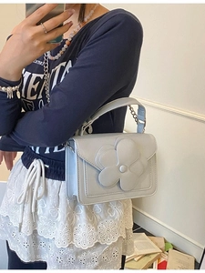 Light blue floral square shoulder bag with 3D leather flower and metal chain strap