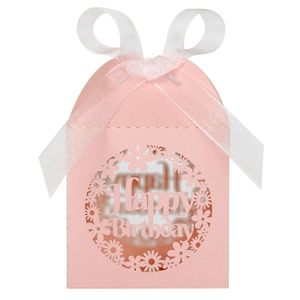 Detail showing laser-cut Happy Birthday text and floral pattern on pink candy gift box