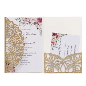 European Laser Cut Mandala Wedding Invitations Set Glitter Paper Hollow Pocket With Flower Printing Insert Card RSVP Envelope For Marriage Ceremony Anniversary Party