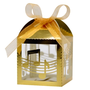 Elegant gold laser-cut music note candy box with staff pattern and organza ribbon bow