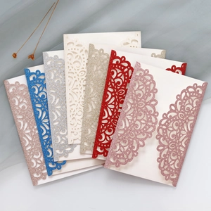 Detailed laser-cut glitter wedding invitation covers in multiple elegant colors and patterns
