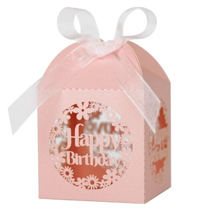 Detailed laser-cut pink Happy Birthday favor box with delicate white organza ribbon bow
