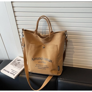 Detail view of khaki canvas tote bag with snap-button pocket and adjustable strap