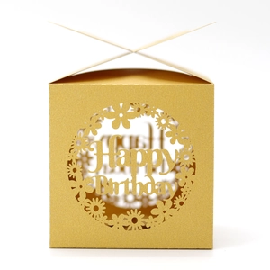 Detail of laser-cut gold Happy Birthday candy box with elegant floral hollow design