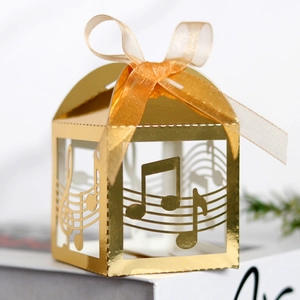 Detailed view of gold laser-cut music notes gift box with elegant organza ribbon
