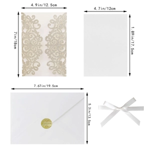Detailed view of laser cut invitation set with glitter gold shell and size dimensions