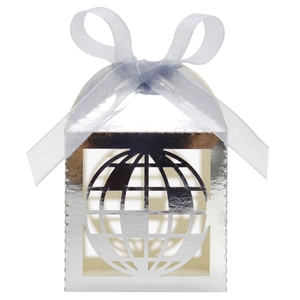 Detailed view of silver mirror gift box with laser-cut globe design and blue ribbon