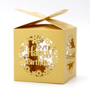 Detailed laser-cut Happy Birthday golden butterfly candy box with hollow design